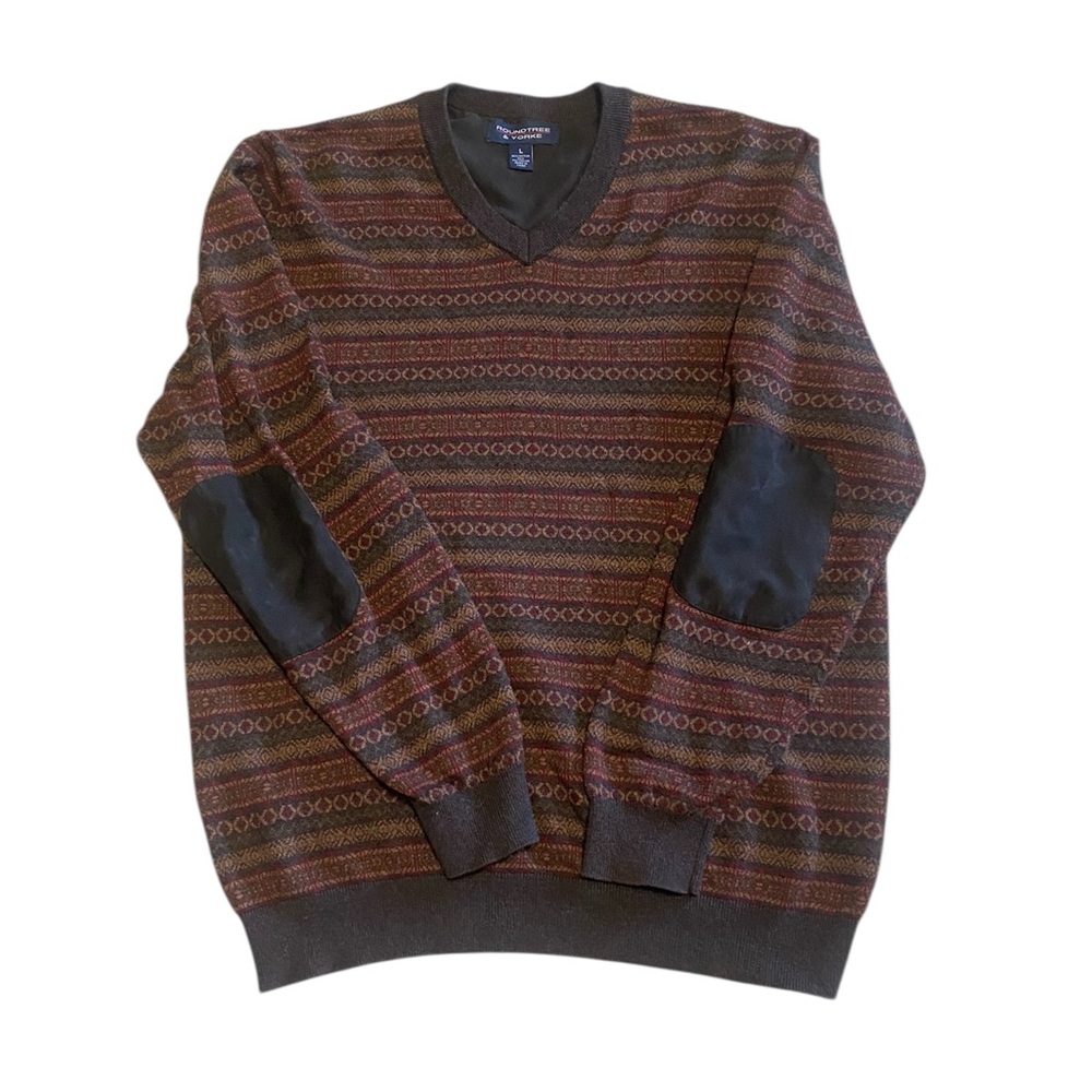 Roundtree & Yorke Men’s V-Neck Pullover Sweater Elbow Patch Brown Red Green Lg